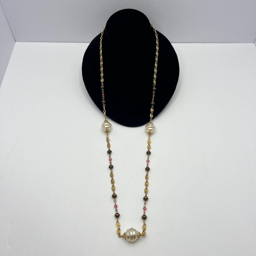 1928 Gold Faux Pearl Beaded Necklace 34" Vintage Victorian Romantic Whimsigoth